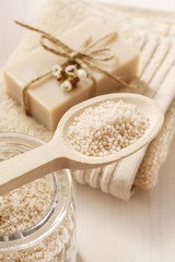 Wooden spoon with sea salt