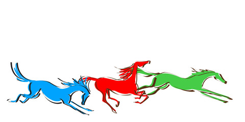 Fototapeta premium Galloping horses on white background. Line drawing. Vector