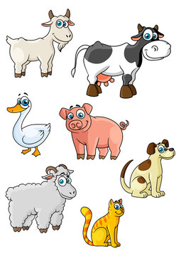 Cartoon cow, dog, sheep, pig, cat, goat, goose