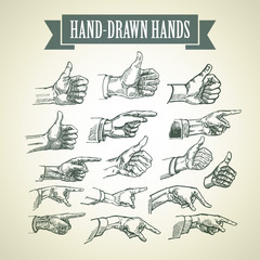 Set of vintage hand-painted hands. Vector illustration