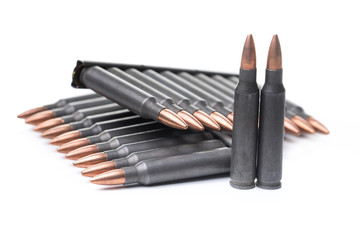 ar15 m16 m4 kalashnikov cartridges with ammo clip isolated on wh
