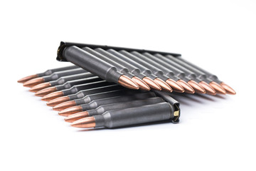 ar15 m16 m4 kalashnikov cartridges with ammo clip isolated on wh