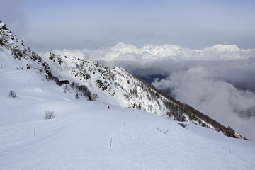 Mountain skitrack on the slope of Caucasus Mountains.