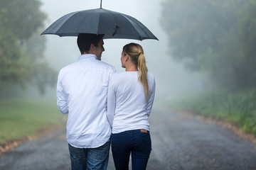 rear view of couple walking in rain