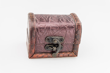 Small vintage wooden box open on isolated white background