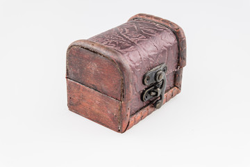 Small vintage wooden box open on isolated white background