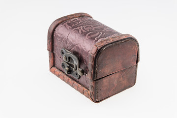 Small vintage wooden box open on isolated white background