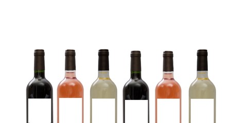 Set of white, rose, and red wine bottles.