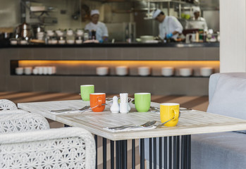 Tables set for meal in restaurant interior