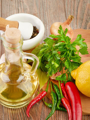 Fresh cooking ingredients with olive oil