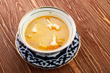 Bowl of chicken soup with vegetables and noodles