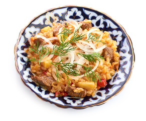 Oriental shah pilaf, pilaw, plov, rice with meat in pastry filo
