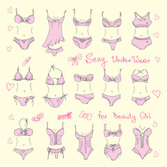 Set ladies sexy underwear, hand-drawn