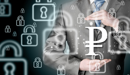 businessman protecting ruble  symbol