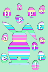 easter card with colorful striped rabbit and eggs shape