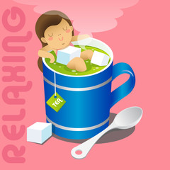 girl in blue mug of hot gree tea