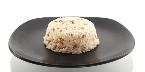Dish of rice on white