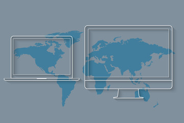 Media devices like desktop computer and laptop on map of world