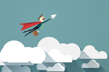 Cartoon businessman Superhero with paper cloud