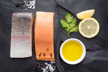 Fresh salmon with spices, cooking concept
