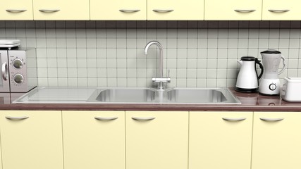 3D kitchen cabinet closeup with sink, cupboard and appliances