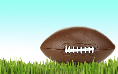 American football on green grass on blue background