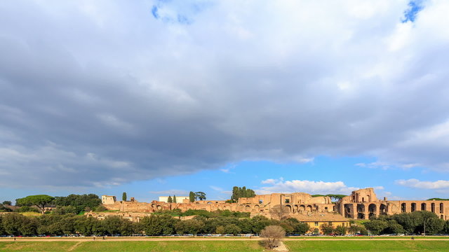 Ruins of Palatine hill palace in Rome, Italy. TimeLapse