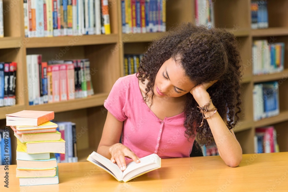 Poster student reading book in library