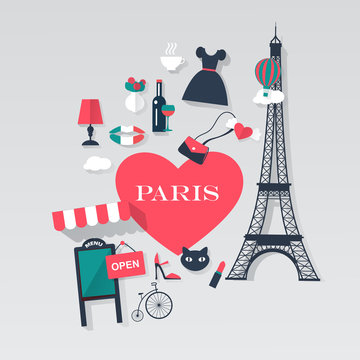 Paris tourism concept image.Vacation flat vector french icons.