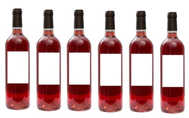 Rose wine with blank labels. Isolated on white