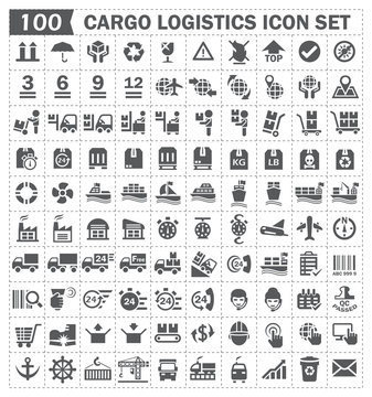 Cargo logistics vector icon. Cardboard box packaging sign. Freight transport, shipping, delivery or distribution by cargo container on ship, truck. Storage in store warehouse. Include worker, forklift