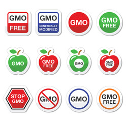 GMO food, no GMO or GMO free icons set