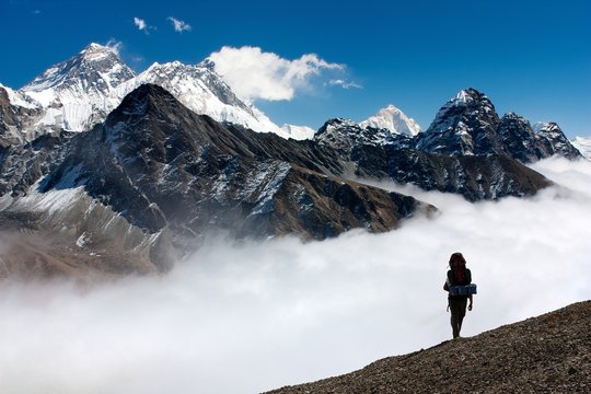 view of Everest from Gokyo with tourist