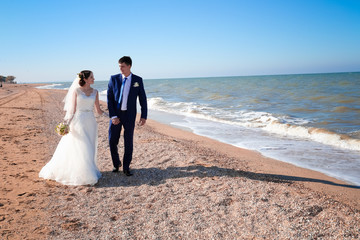 Fototapeta na wymiar Young bride and groom, walk in the nature, on a farm, beach wedd