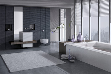 A 3D rendering of modern bathroom with single basin and jacuzzi