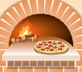 Vector Italian pizza with tomato in front of the oven