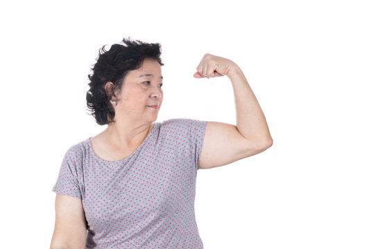 Strong Asian Senior Female Showing Off Her Biceps Flexing Muscle