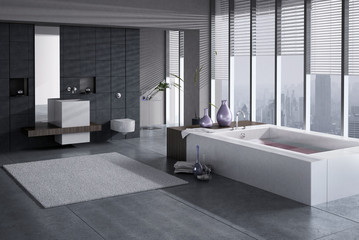 A 3D rendering of modern bathroom with single basin and jacuzzi - obrazy, fototapety, plakaty
