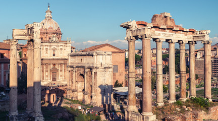 Panorama of Roman Forum in Rome, Italy. Vintage style photo.
