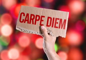 Carpe Diem card with colorful background with defocused lights