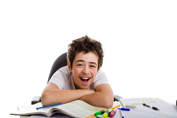 Boy laughs leaning on homework with crossed arms