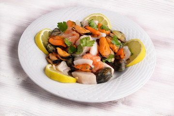 Dish with seafood, shellfish and fish