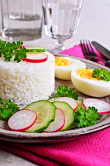 White rice with radish, cucumber and eggs