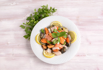 Dish with seafood, shellfish and fish