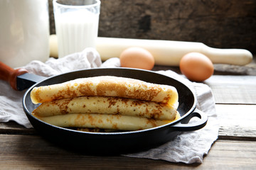 Homemade pancakes in a frying pan