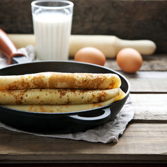 Homemade pancakes in a frying pan