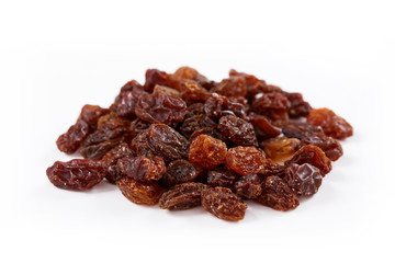 Heap of sultana raisins on white background