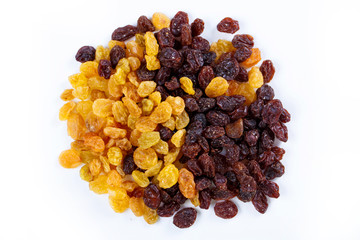 Heap of sultana raisins on white background