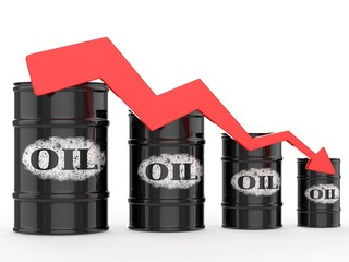 Oil Barrels with Red Arrow down. Financial crisis