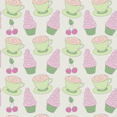 Abstract vector, sweet cupcake,cup coffee and cherry, seamless